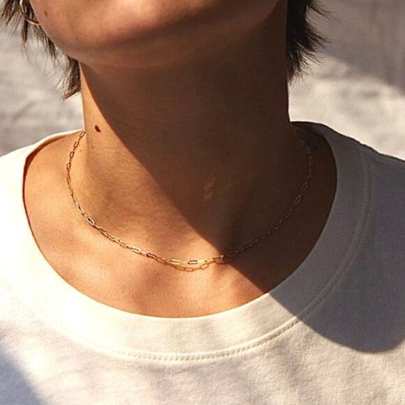 14k Solid Gold paperclip necklace | 1.5 mm paperclip chain | 16 inches long | - Picture 8 of 10